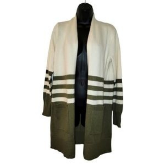 Brand New Michael Kors Green and White Striped Duster Length Cardigan Sweater XS - Picture 2 of 3